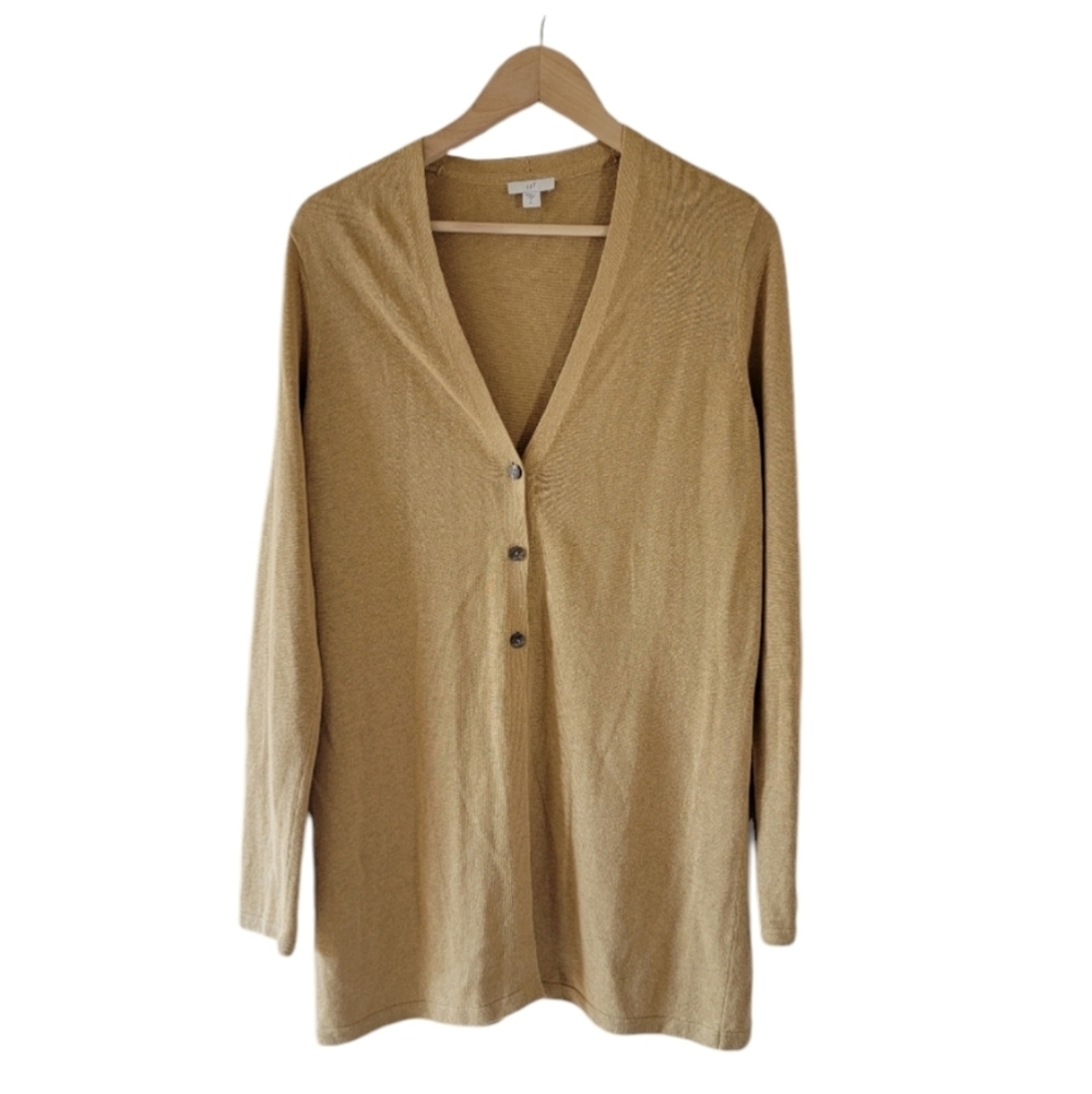 J.Jill Women Tan Linen Blend Cardigan Sz S Button-Up V-neck Minimalist Lagenlook